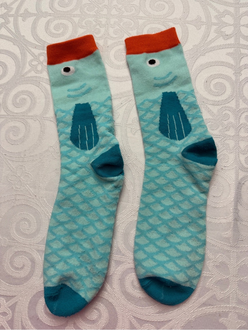 Playful Fish Pattern Crew Socks - Aqua with Orange Cuff